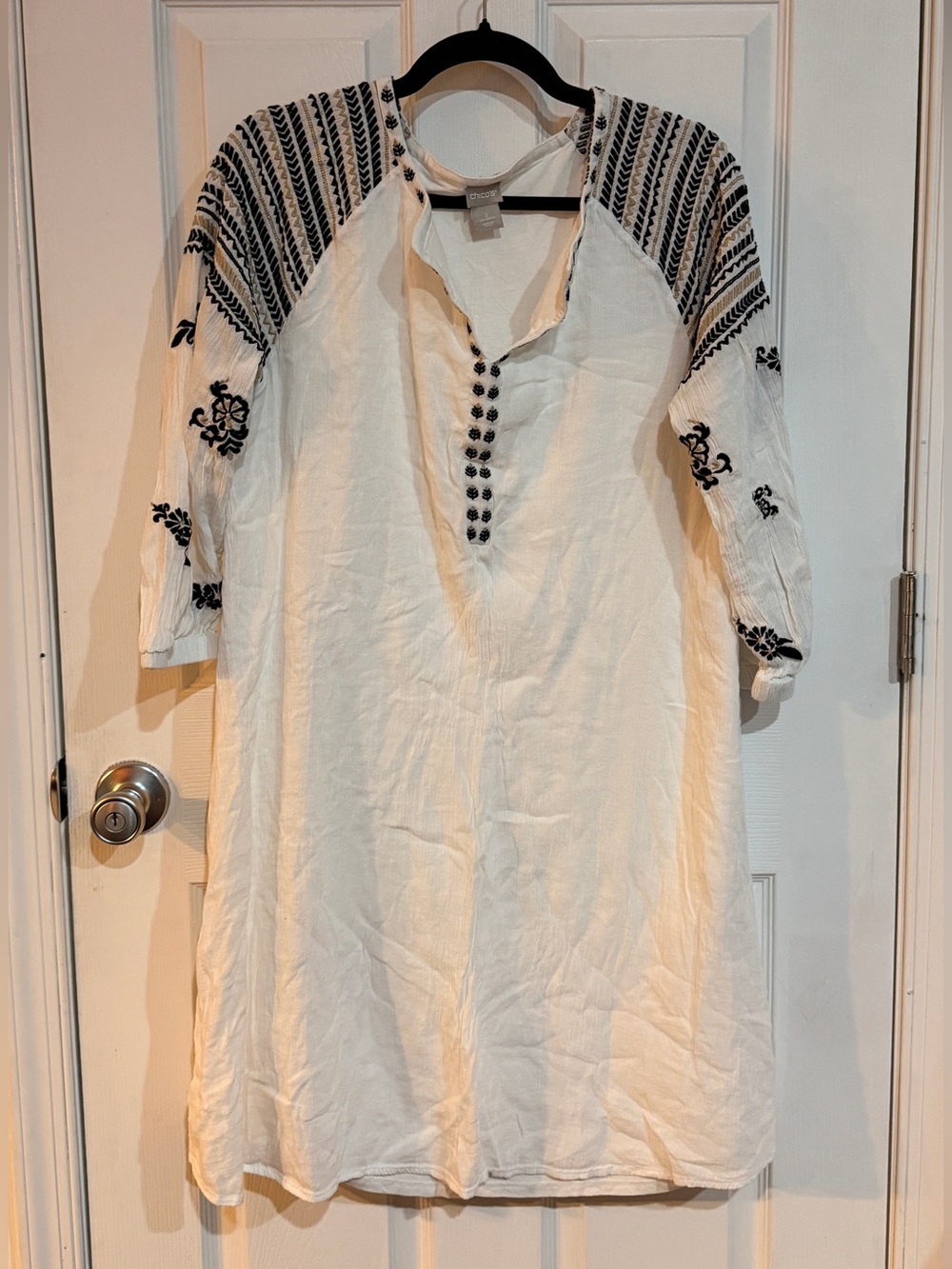 Chico’s White Black Embroidered Boho Tunic Dress Size US 12
